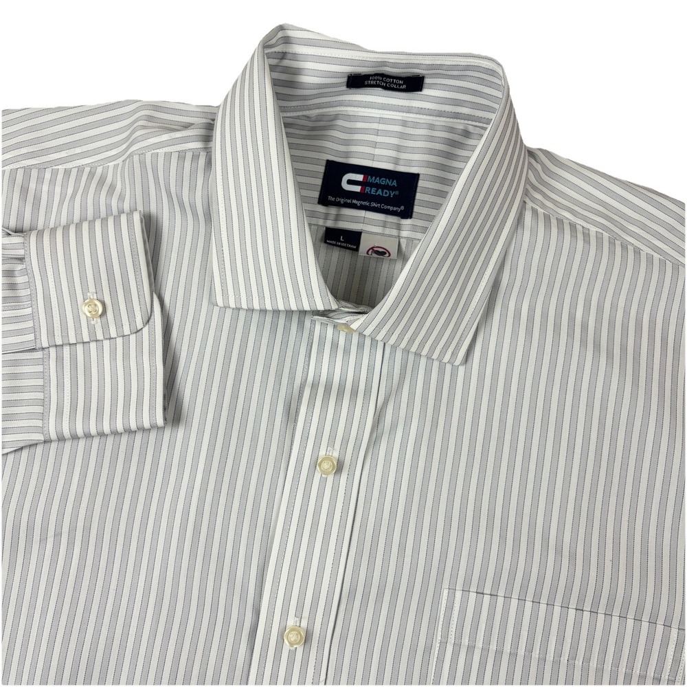 Magna Ready Shirt Mens Large Gray‎ White Striped Stretch Collar Long Sleeve